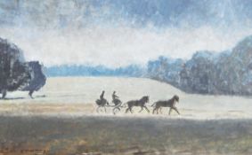 Jean Parry Williams (1918-2010) Oil on board Horse-drawn carriage silhouetted against a field,