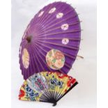 Paper painted parasol and a wood and paper painted fan showing Japanese ladies and flowers (2)