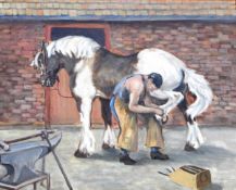 Jean Parry Williams (1918-2010) Oil on canvas Farrier shoeing a shire horse, signed lower right,