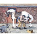 Jean Parry Williams (1918-2010) Oil on canvas Farrier shoeing a shire horse, signed lower right,