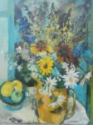 20th century school Oil on canvas Study of flowers in a jug with fruit, unsigned,