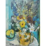 20th century school Oil on canvas Study of flowers in a jug with fruit, unsigned,