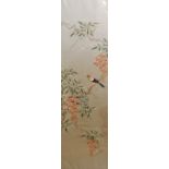 Oriental embroidered picture on silk depicting a bird sitting on a blossom tree branch,