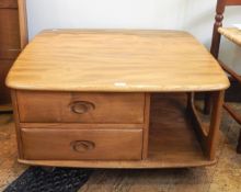 Ercol light elm 'Windsor' range square-shaped coffee table with open shelf, two short drawers,