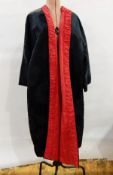 1920's opera coat, black figured satin, relined red taffeta with three quarter length bell sleeves,