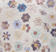 Patchwork quilt, some patches faded and worn, all backed on white ground 208 x 231 cms approx.