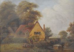 Unattributed oil on board Rustic Scene with cottage in background,