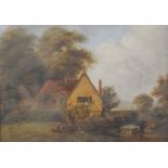 Unattributed oil on board Rustic Scene with cottage in background,