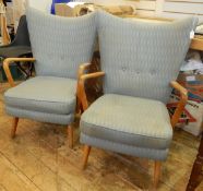 Pair of mid 20th century Scandinavian/Hans Wegner style open armchairs upholstered in contemporary