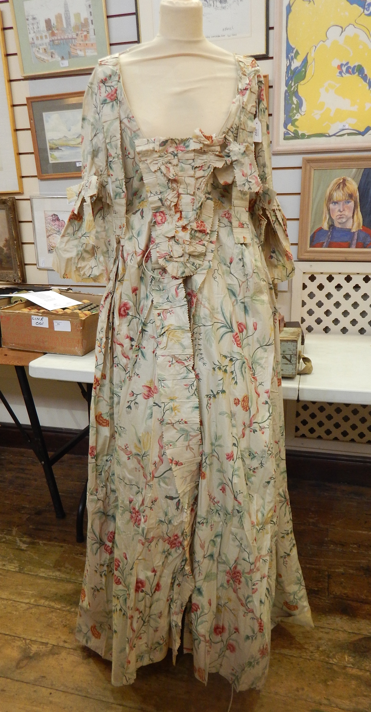 A hand stitched floral glazed cotton dress, 18th century style,
