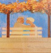 Frans Wesselman (contemporary) Watercolour Couple on a bench under autumnal trees,