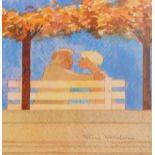 Frans Wesselman (contemporary) Watercolour Couple on a bench under autumnal trees,