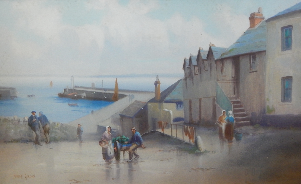 Harold Gordon Watercolour pastel drawing "Newlyn Harbour", villagers and fishermen in foreground,