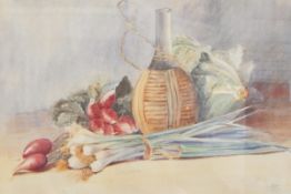 20th century school Watercolour Still life of radishes and spring onions,