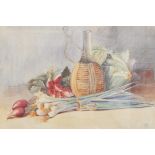 20th century school Watercolour Still life of radishes and spring onions,