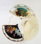 Ivory and cream silk embroidered fan showing peacocks in foliage,