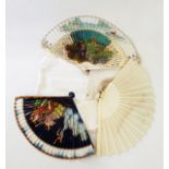 Ivory and cream silk embroidered fan showing peacocks in foliage,