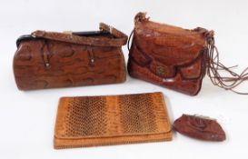 Vintage snakeskin Gladstone style bag, chrome furnishings, strap handle worn,