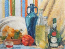 M West (20th century) Oil on board Still life study of peppers, oil and wine, signed lower left,