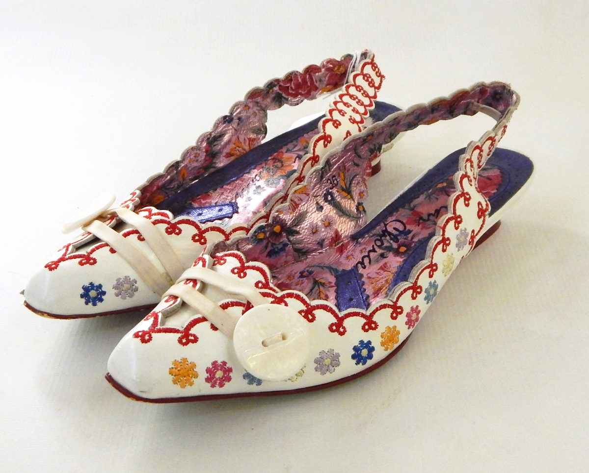 LOT WITHDRAWN Pair of 'Irregular Choice' embroidered leather slip-on, sling-back flat shoes,