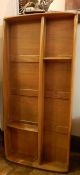 Ercol light elm two-shelf wall rack with label to reverse,