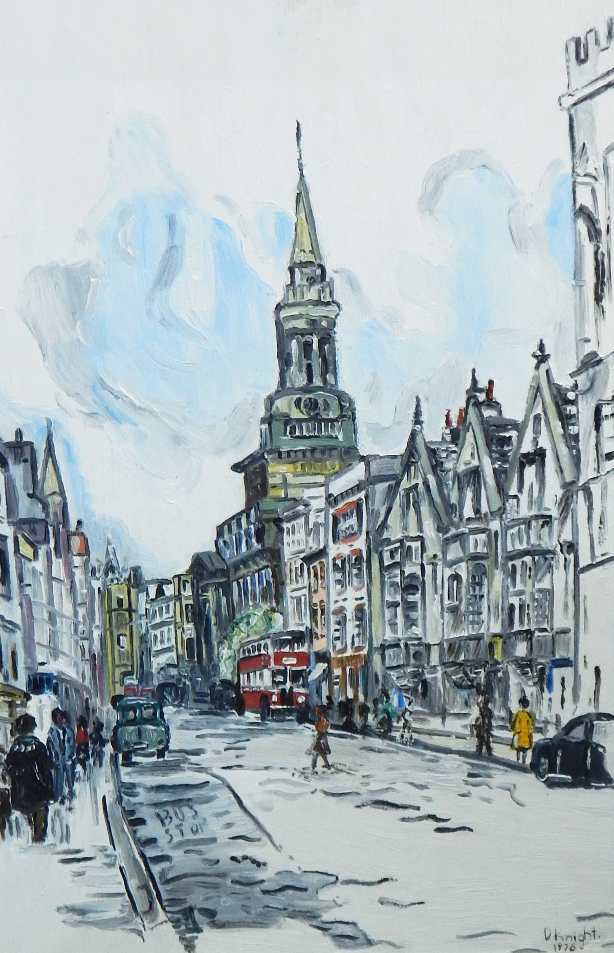 D Knight (20th century) Oil on board London street scene, signed lower right and dated 1976,