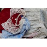 Assorted lace pieces and remnants, an embroidered silk shawl, nylon, cotton and linen aprons, etc,