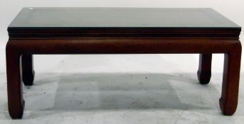 Chinese polished hardwood coffee table, rectangular and the plate glass top,