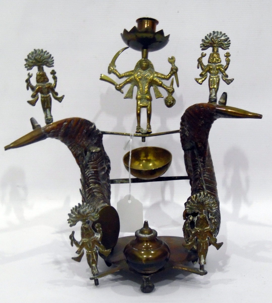 Late 19th/early 20th century Indian brass and horn desk stand surmounted with central deity - Image 3 of 3