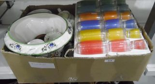 Quantity of coloured glasses and assorted china to include Royal Albert (1 box)