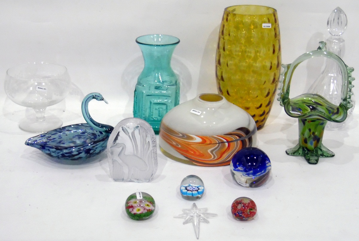 Quantity of glass to include millefiori paperweights, cased glass paperweight with etched thistle,