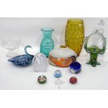 Quantity of glass to include millefiori paperweights, cased glass paperweight with etched thistle,