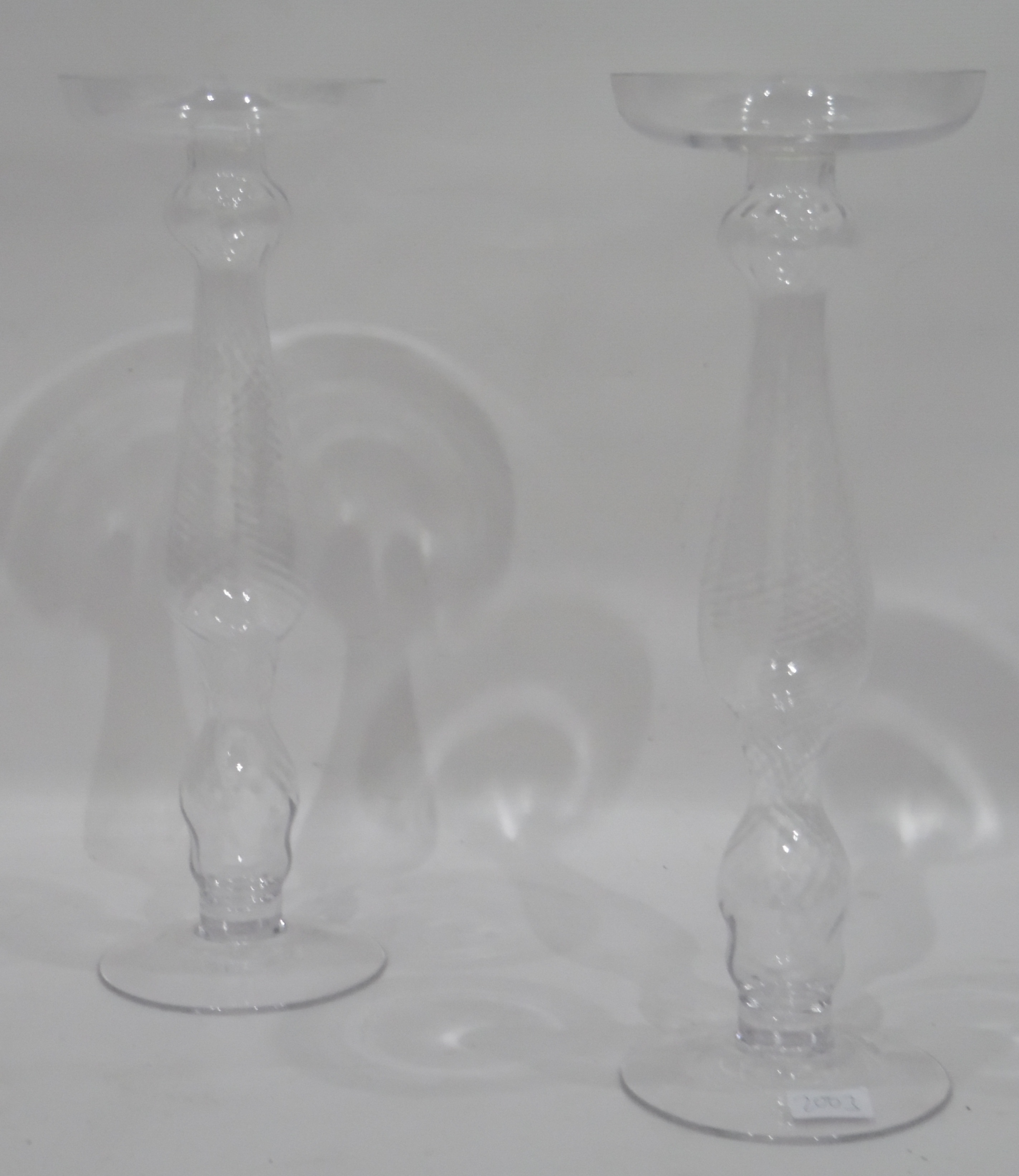 Pair of modern glass baluster-shaped pillar candlesticks of spirally wrythen form, - Image 2 of 2