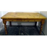 Modern pine rectangular kitchen table on turned supports,