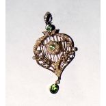 Edwardian 15ct gold, peridot and seedpearl pendant/brooch,