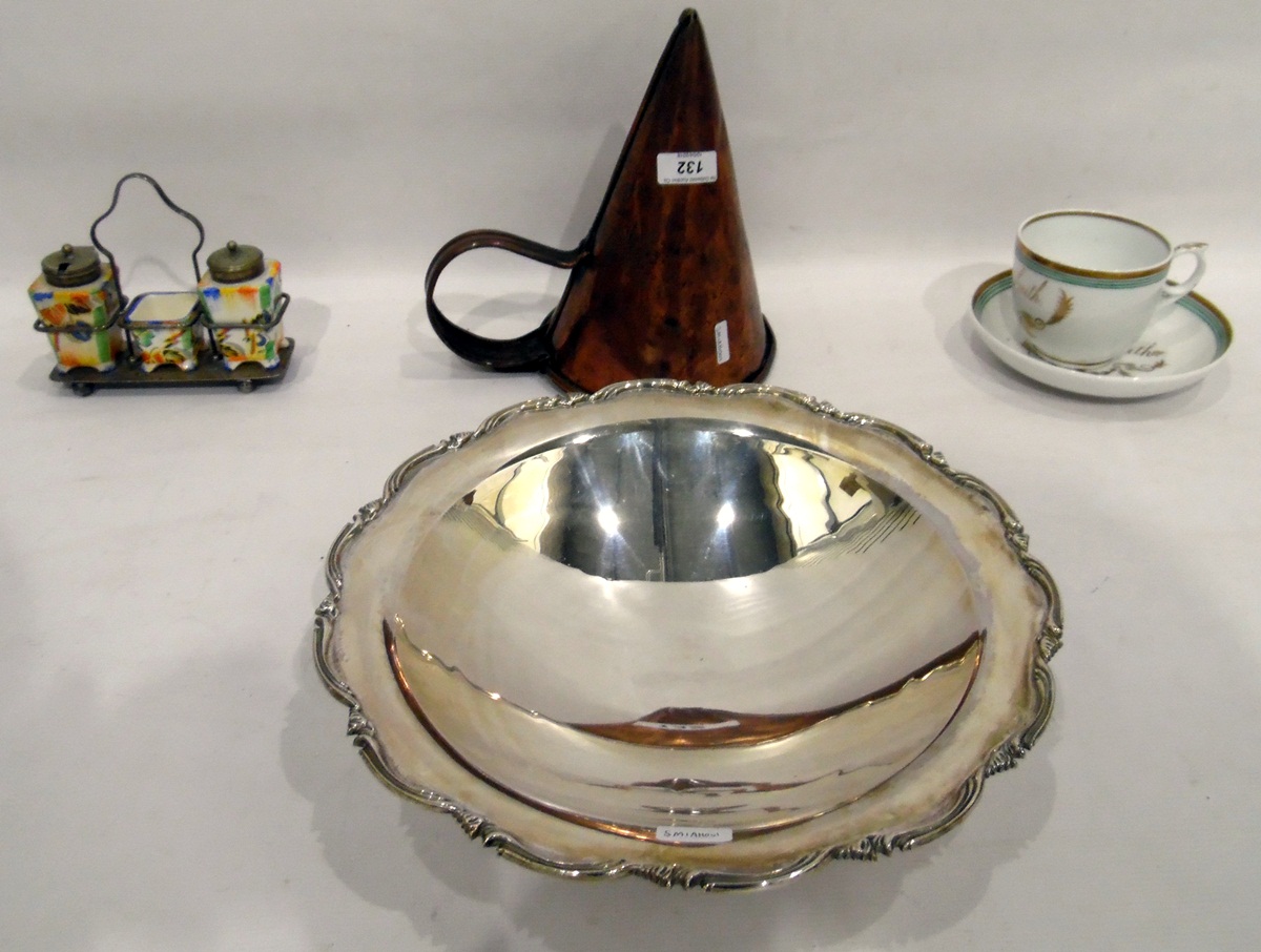 Antique copper ale warmer, conical, EPNS and ceramic condiment set, a Victorian cup and saucer,