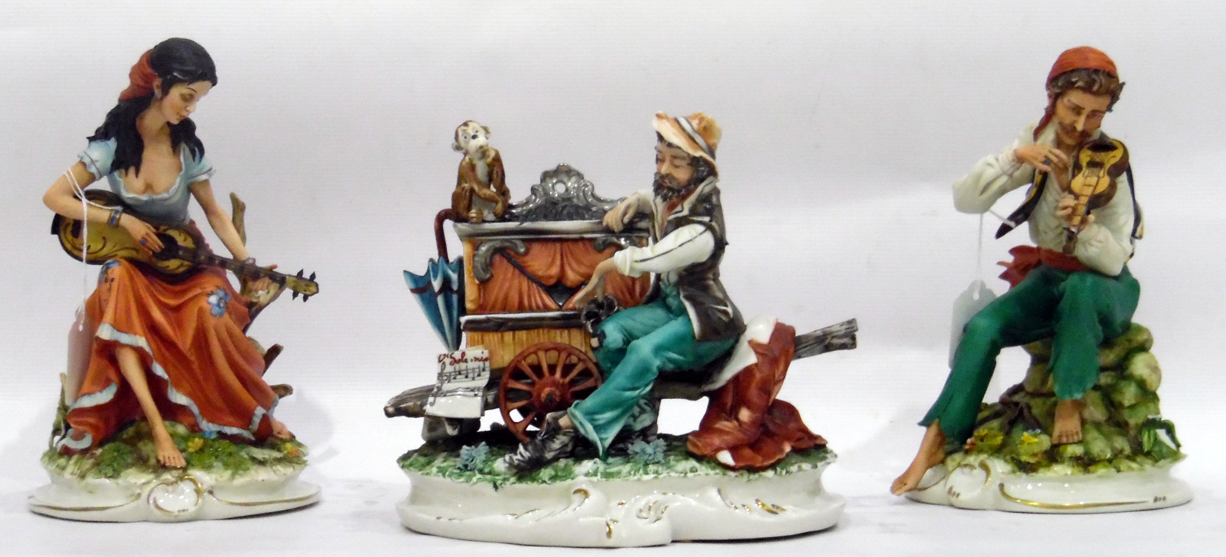 Collection of tinted bisque Capodimonte figures including organ grinder and monkey limited edition - Image 2 of 3