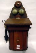 Early 20th century Jydsk (Danish) wall-mounted telephone with two bells, oak case,