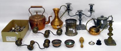 Mixed lot metalware to include silver plated candlestick, flatware,