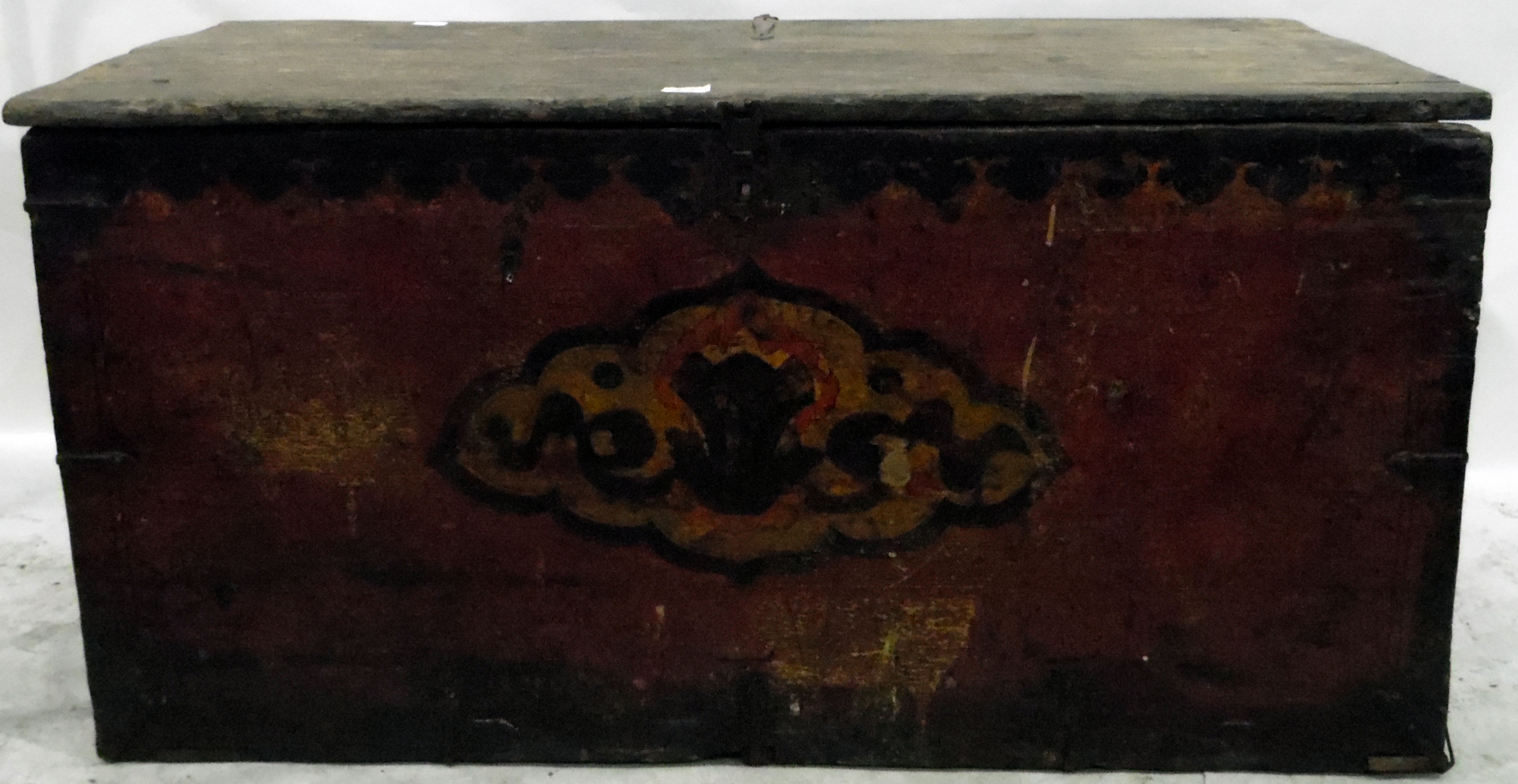 18th century Nepalese pine chest with iron strap hinges and clasp, - Image 2 of 2