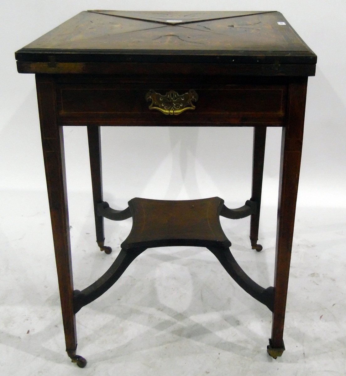 19th century walnut card table with inlaid fold-out top revealing coin holders and inset green