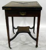 19th century walnut card table with inlaid fold-out top revealing coin holders and inset green