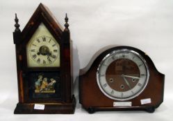 American stained pine shelf clock by Jerome, the glazed door decorated with figures of children,