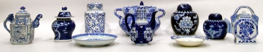 Quantity of blue and white china to include Chinese two-handled jar, teapots,