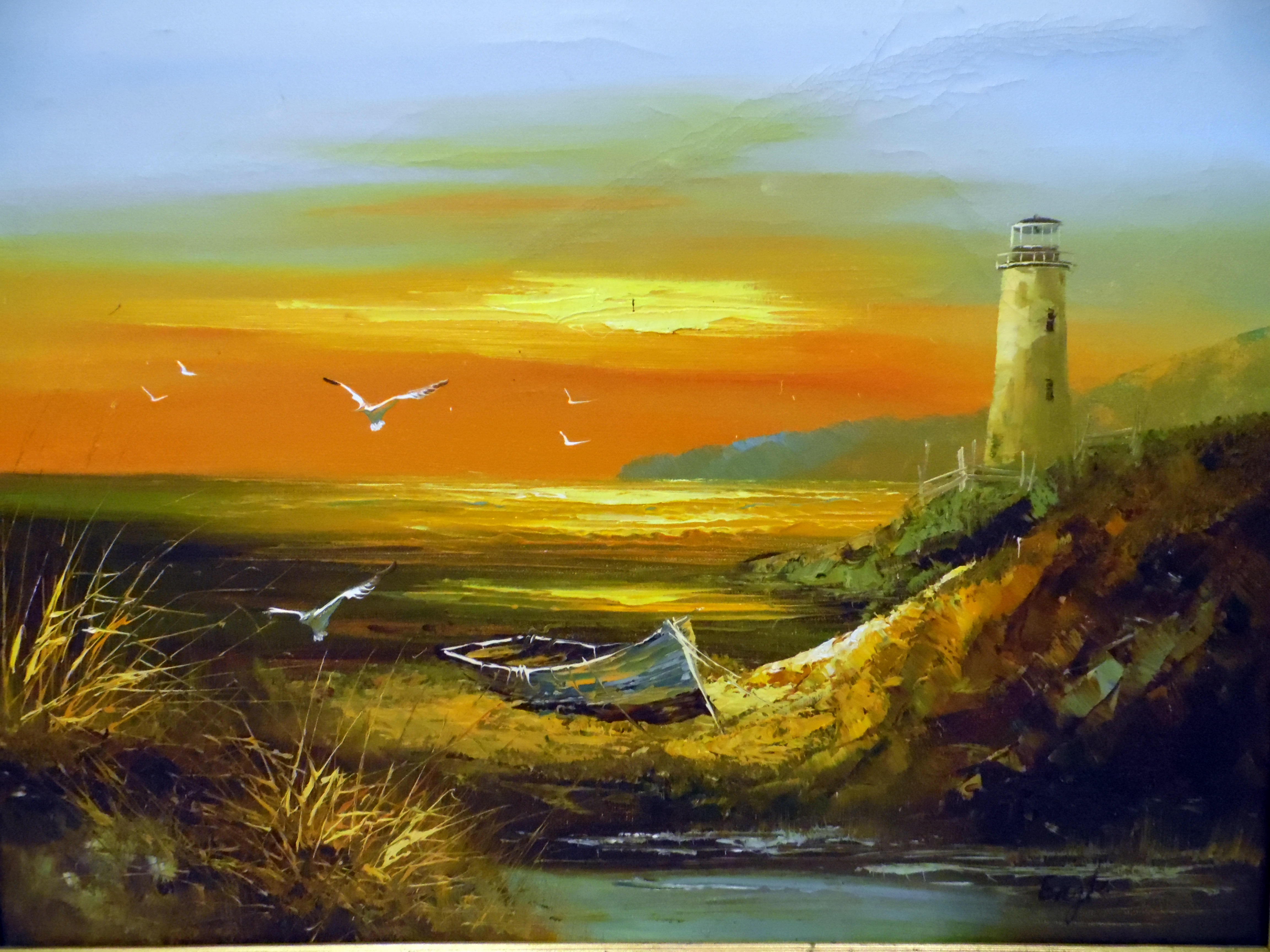 Engle (20th century) Oil on canvas Lighthouse at sunset with boat in foreground, - Image 2 of 2