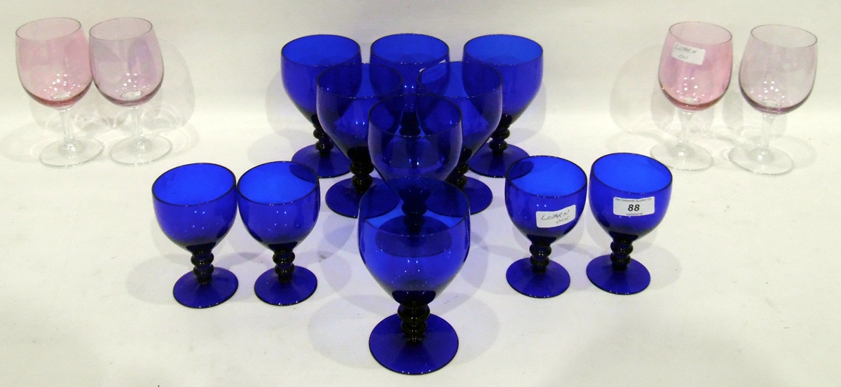 Seven Bristol blue wine glasses,