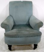 Late 19th/early 20th century easy chair upholstered in light blue fabric, on turned supports,