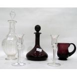 Amethyst-coloured glass decanter, a mug,