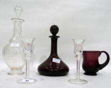 Amethyst-coloured glass decanter, a mug,