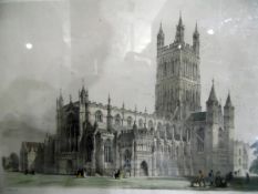 Coloured engraving "SW View of Gloucester Cathedral", watercolour of Ludlow Castle,